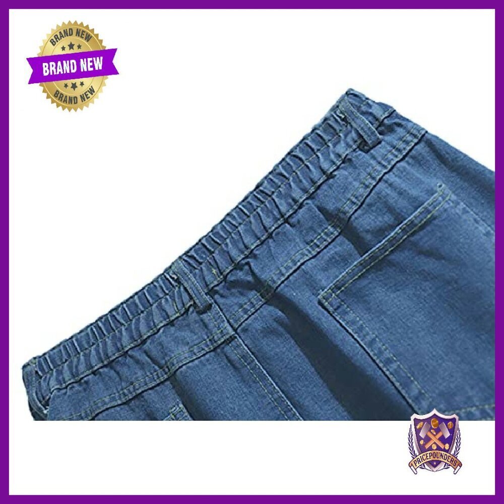 Elastic Waist Midi Denim Skirt with Pockets A-Line Flare - Picture 5 of 7